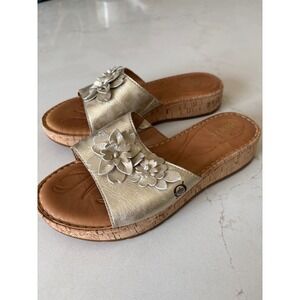 Born Gold Leather Floral Cork Platform Wedge Slide Sandals Women 8M Coastal Boho